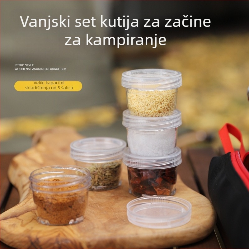 Prijenosni set začina za kampiranje – 5-dijelni set s povezivim bocama i staklenkama za vanjsko roštiljanje, zatvoren