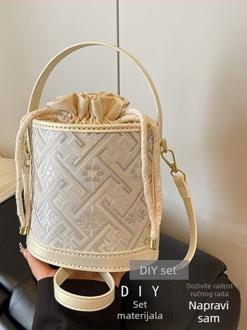 Ženska torbica od Zhuang brokata, DIY torba od tkanine za nošenje preko tijela, cilindričnog oblika, zatvaranje šnuralom, PU materijal, klasičan retro stil