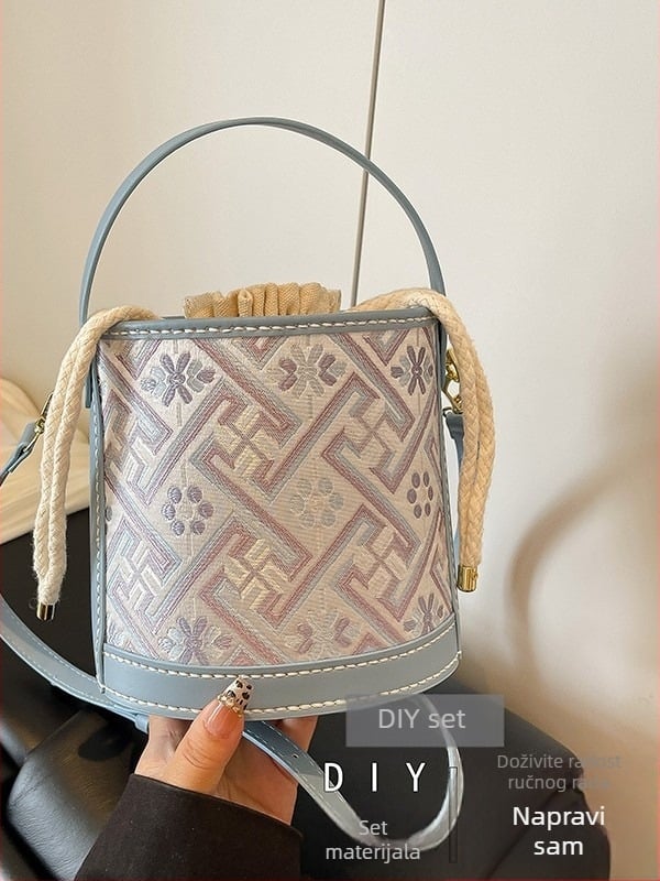 Ženska torbica od Zhuang brokata, DIY torba od tkanine za nošenje preko tijela, cilindričnog oblika, zatvaranje šnuralom, PU materijal, klasičan retro stil