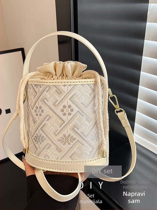 Ženska torbica od Zhuang brokata, DIY torba od tkanine za nošenje preko tijela, cilindričnog oblika, zatvaranje šnuralom, PU materijal, klasičan retro stil
