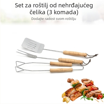 Višenamjenski trodijelni set za roštilj na otvorenom s drvenim ručkama, od nehrđajućeg čelika: klipsa, vilica i lopatica