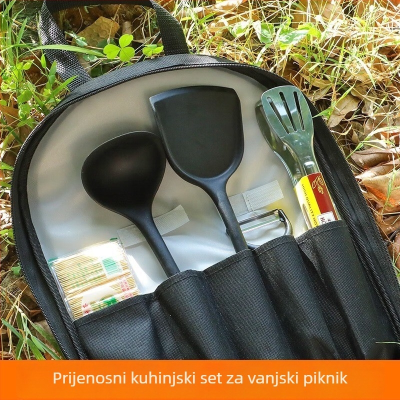 Set noževa za vanjsku kuhinju od nehrđajućeg čelika s daskom za rezanje, spatulom i žlicom – prijenosni kamp kuhinjski alati za roštilj