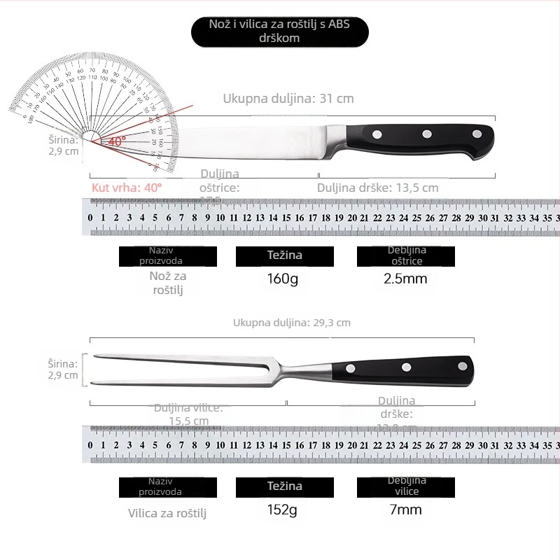Set noža i vilice od nehrđajućeg čelika s ABS drškama za roštilj, teppanyaki stil BBQ, oštre oštrice, poklon kutija