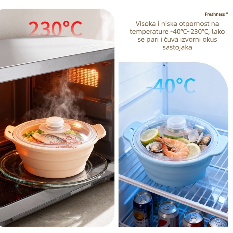 Sklopiva prenosiva silikonska posuda za parenje i juhe s poklopcem, pogodna za mikrovalnu pećnicu i air fryer