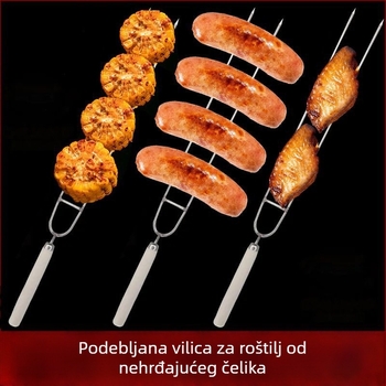 Vanjska dvostruko glavna vilica za roštilj od nehrđajućeg čelika s drvenom ručkom, za pečenje pilećih krila i janjetinskih ražnjića