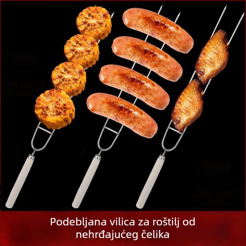 Vanjska dvostruko glavna vilica za roštilj od nehrđajućeg čelika s drvenom ručkom, za pečenje pilećih krila i janjetinskih ražnjića
