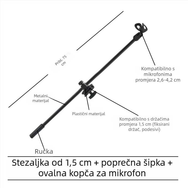 Stativ za mikrofon s poprečnim štapom, držačem za telefon i nagibnim štapom, ploča za pričvršćivanje na trojno nožicu