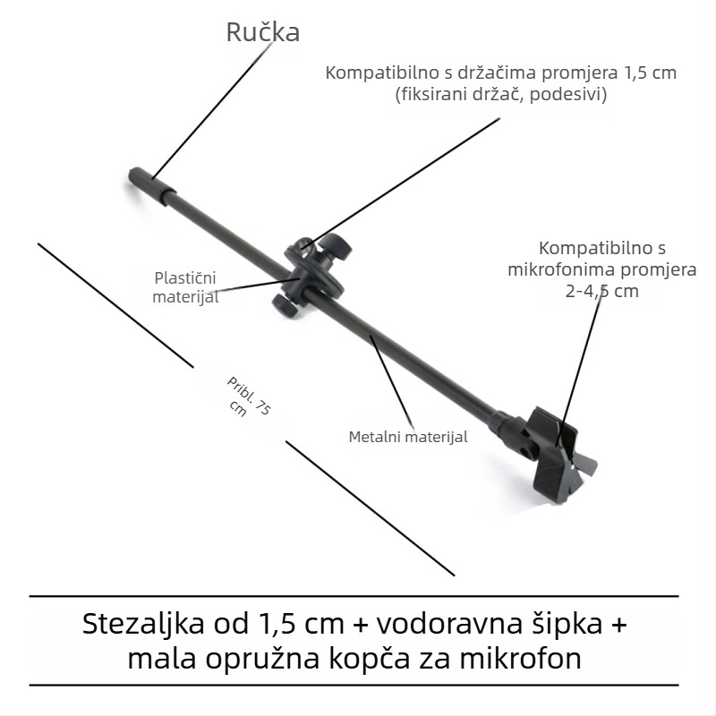 Stativ za mikrofon s poprečnim štapom, držačem za telefon i nagibnim štapom, ploča za pričvršćivanje na trojno nožicu