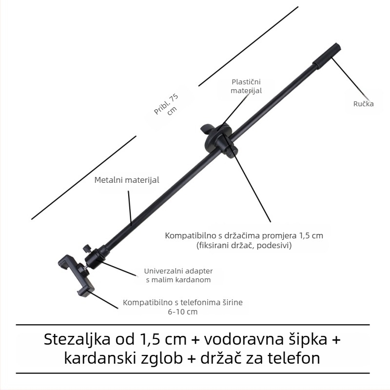 Stativ za mikrofon s poprečnim štapom, držačem za telefon i nagibnim štapom, ploča za pričvršćivanje na trojno nožicu