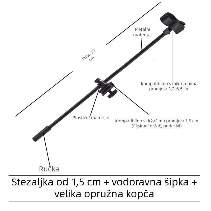 Stativ za mikrofon s poprečnim štapom, držačem za telefon i nagibnim štapom, ploča za pričvršćivanje na trojno nožicu