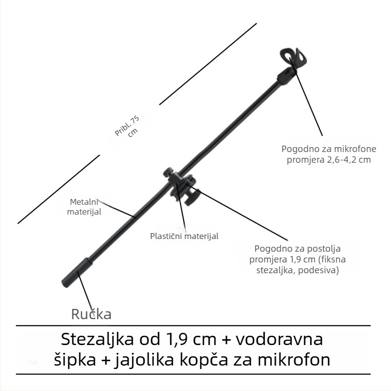 Stativ za mikrofon s poprečnim štapom, držačem za telefon i nagibnim štapom, ploča za pričvršćivanje na trojno nožicu