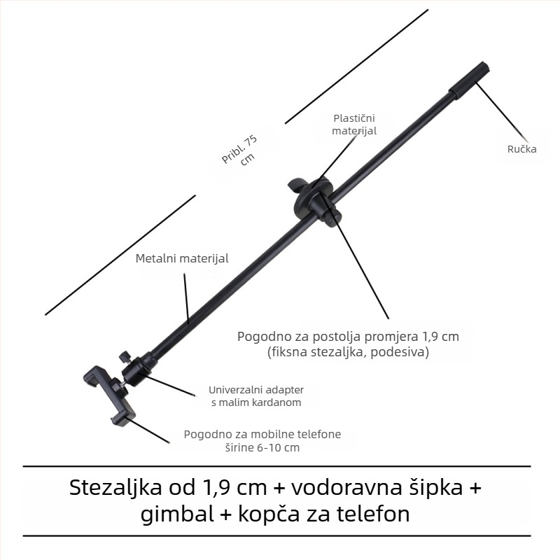 Stativ za mikrofon s poprečnim štapom, držačem za telefon i nagibnim štapom, ploča za pričvršćivanje na trojno nožicu