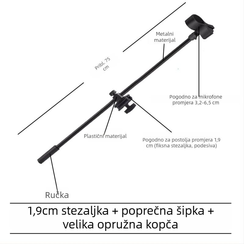 Stativ za mikrofon s poprečnim štapom, držačem za telefon i nagibnim štapom, ploča za pričvršćivanje na trojno nožicu