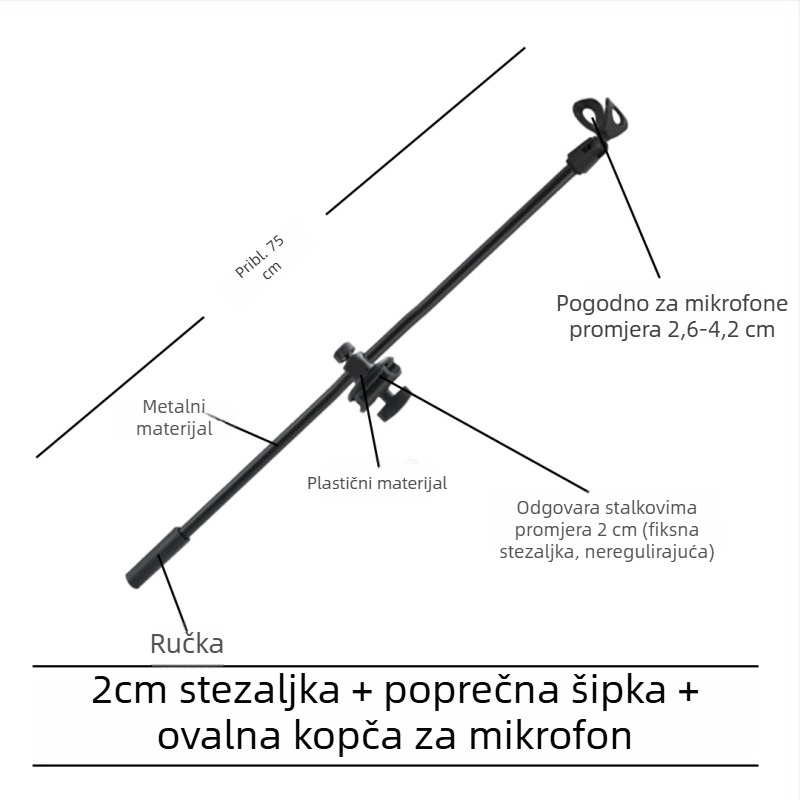 Stativ za mikrofon s poprečnim štapom, držačem za telefon i nagibnim štapom, ploča za pričvršćivanje na trojno nožicu