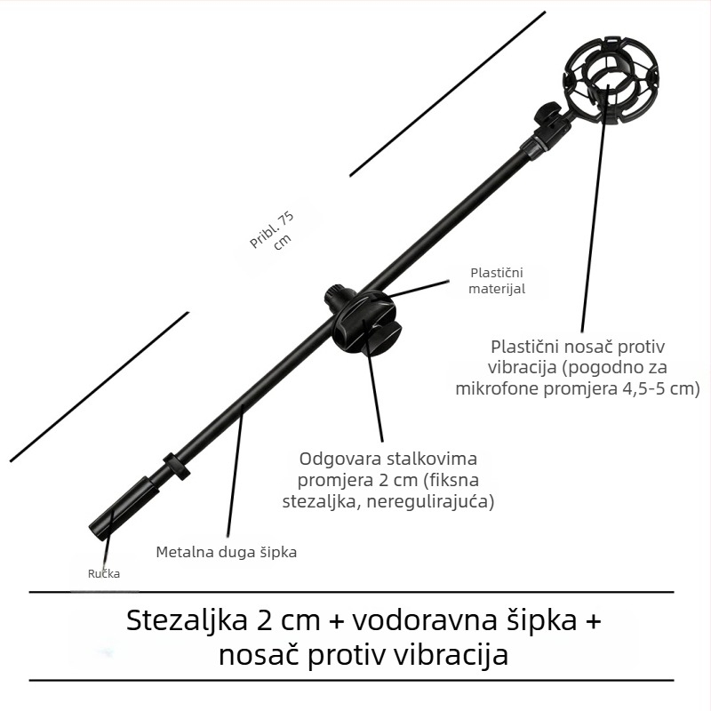 Stativ za mikrofon s poprečnim štapom, držačem za telefon i nagibnim štapom, ploča za pričvršćivanje na trojno nožicu