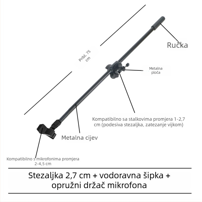 Stativ za mikrofon s poprečnim štapom, držačem za telefon i nagibnim štapom, ploča za pričvršćivanje na trojno nožicu