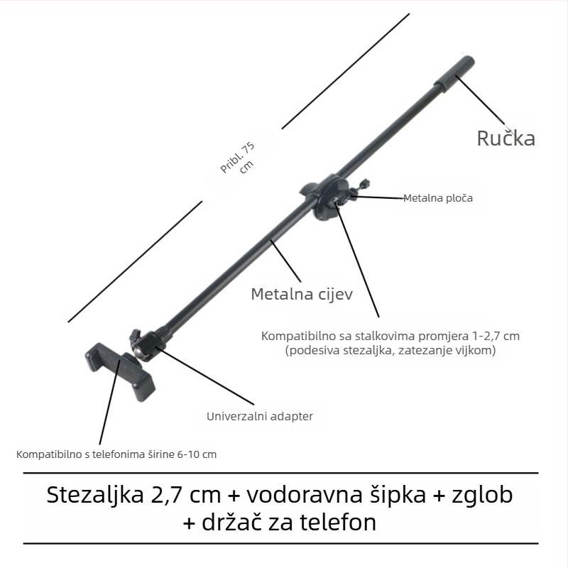 Stativ za mikrofon s poprečnim štapom, držačem za telefon i nagibnim štapom, ploča za pričvršćivanje na trojno nožicu