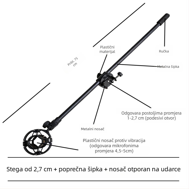 Stativ za mikrofon s poprečnim štapom, držačem za telefon i nagibnim štapom, ploča za pričvršćivanje na trojno nožicu