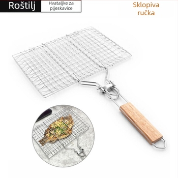 Klip za roštilj od nehrđajućeg čelika s sklopivom ručkom, kvadratna mreža za roštilj i klips za kobasice