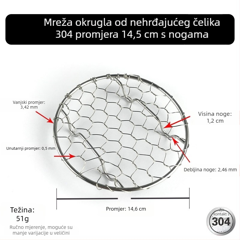 Okrugla ručno pletena mreža od nehrđajućeg čelika 304 za odvod ulja pri prženim namirnicama, posuda za toast, nehrđajući roštilj