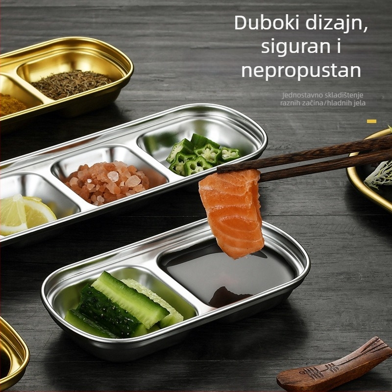 Korejskog stila mrežasti tanjur za umake, od nehrđajućeg čelika 304, zlatni završni sloj, kvadratni tanjur za dipove, pogodan za hot pot i roštilj, kampiranje.