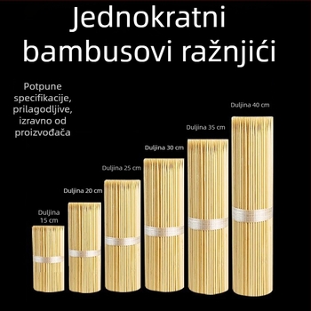 Jednokratne bambus štapići za roštilj i hot pot, duljine 15–40 cm, debljina 2.0–3.5 mm, otisak loga moguć