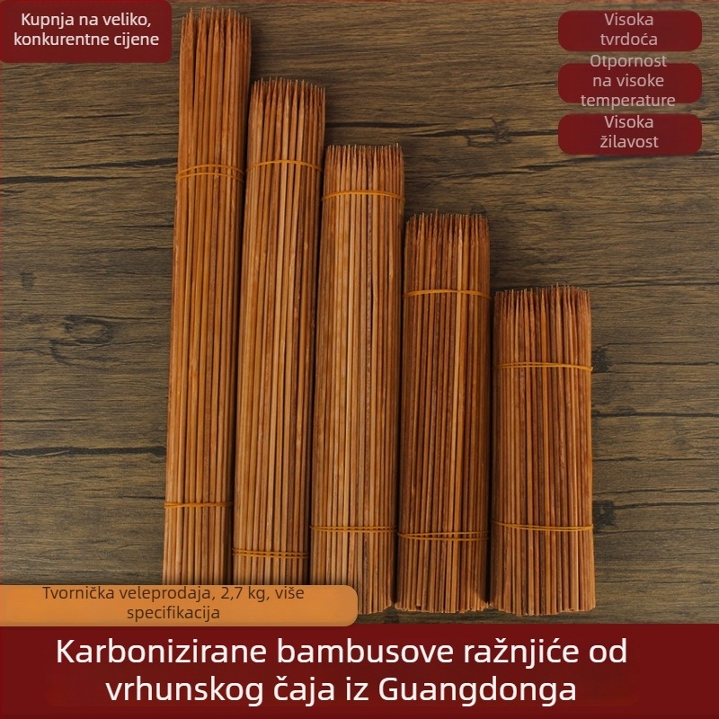 Karbonizirani bambus štapići za jednokratnu upotrebu, izuzetno tvrdi, crne boje, duljine 20–40 cm, promjer 2.0–4.0 mm, za roštilj – janjetina i kobasice