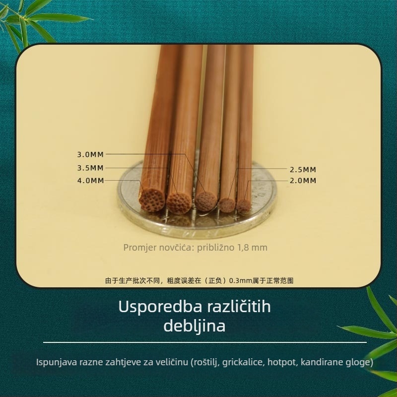 Karbonizirani bambus štapići za jednokratnu upotrebu, izuzetno tvrdi, crne boje, duljine 20–40 cm, promjer 2.0–4.0 mm, za roštilj – janjetina i kobasice