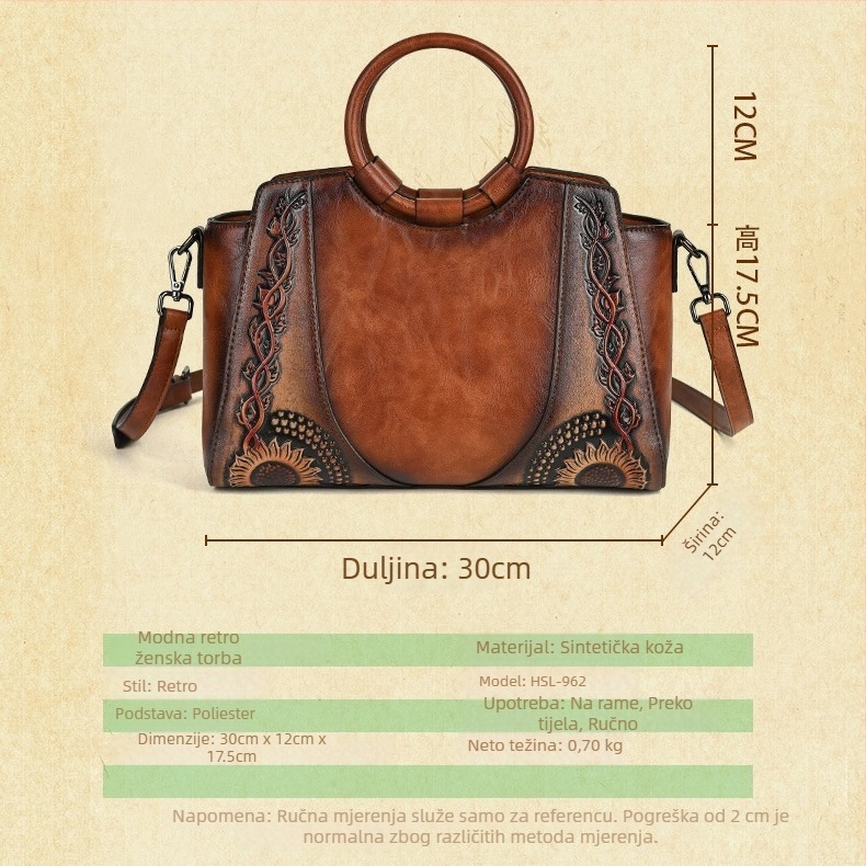Ženska torbica na ramenu u umjetničko-retro uličnoj eleganciji s reljefnim cvjetnim motívima, svakodnevna upotreba