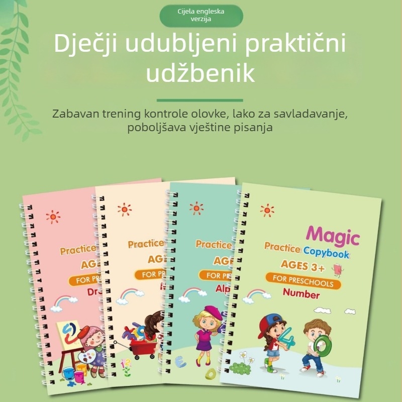 Engleska knjiga za vježbanje pisanja za djecu – naljepnice za trening kontrole držanja olovke na bijelim karticama s udubljenim žljebovima, izbrisivo