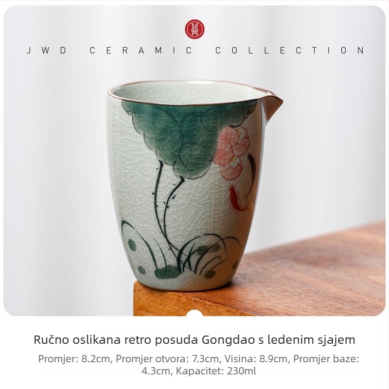 Gongfu set čaja s čašom za ravnomjernu raspodjelu (fairness cup), keramika, bijeli porcelan, ledeno kristalna glazura, motiv lotosa, retro luksuz