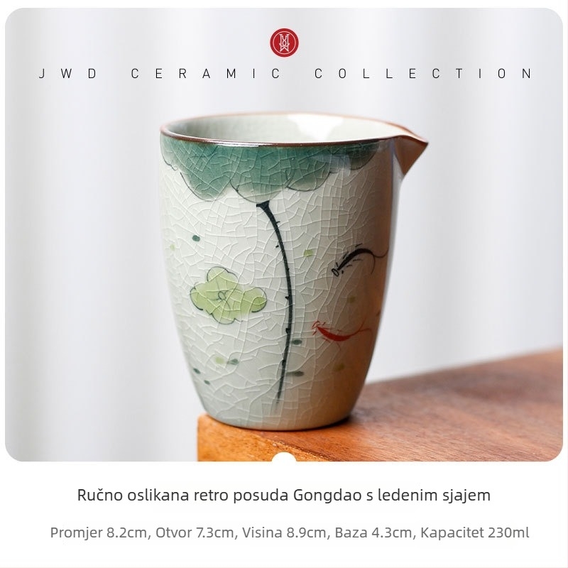 Gongfu set čaja s čašom za ravnomjernu raspodjelu (fairness cup), keramika, bijeli porcelan, ledeno kristalna glazura, motiv lotosa, retro luksuz