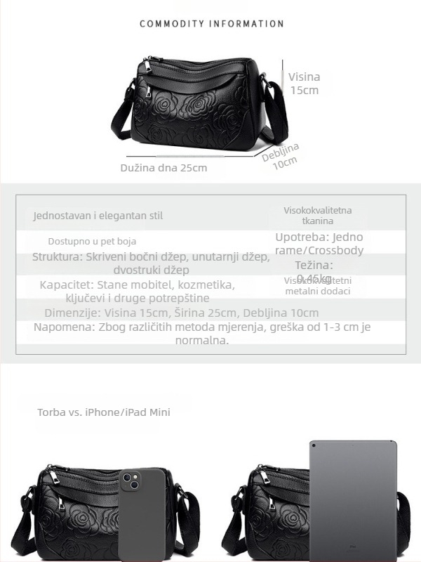 Ženska torba od reljefne mekane kože, moderna torba za rame s velikim kapacitetom, srednje veličine, crossbody dizajn
