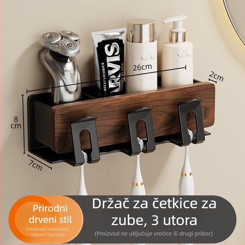 Držač četkica za zube u kupaonici od orašastog drveta, bez bušenja, držač čaše za ispiranje usta, višenamjenski