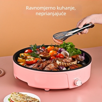 Električni višenamjenski grill lonac za kućnu upotrebu – kombinirani roštilj i prženje, metalno tijelo, snaga 1501 W i više, kapacitet ispod 1 L, dubina unutarnje posude 10 cm, pogodno za 3–4 osobe, regulacija temperature