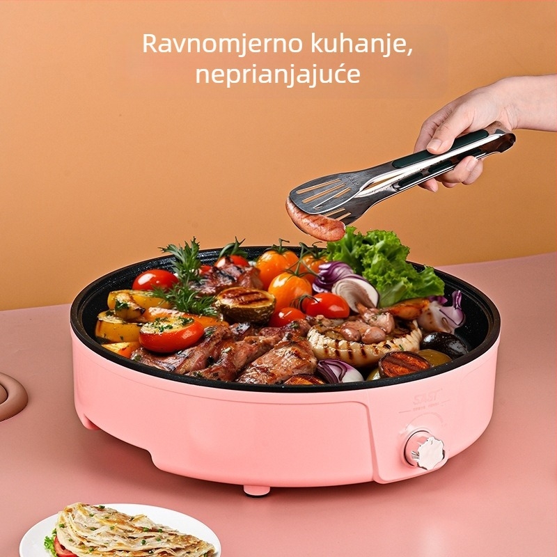 Električni višenamjenski grill lonac za kućnu upotrebu – kombinirani roštilj i prženje, metalno tijelo, snaga 1501 W i više, kapacitet ispod 1 L, dubina unutarnje posude 10 cm, pogodno za 3–4 osobe, regulacija temperature