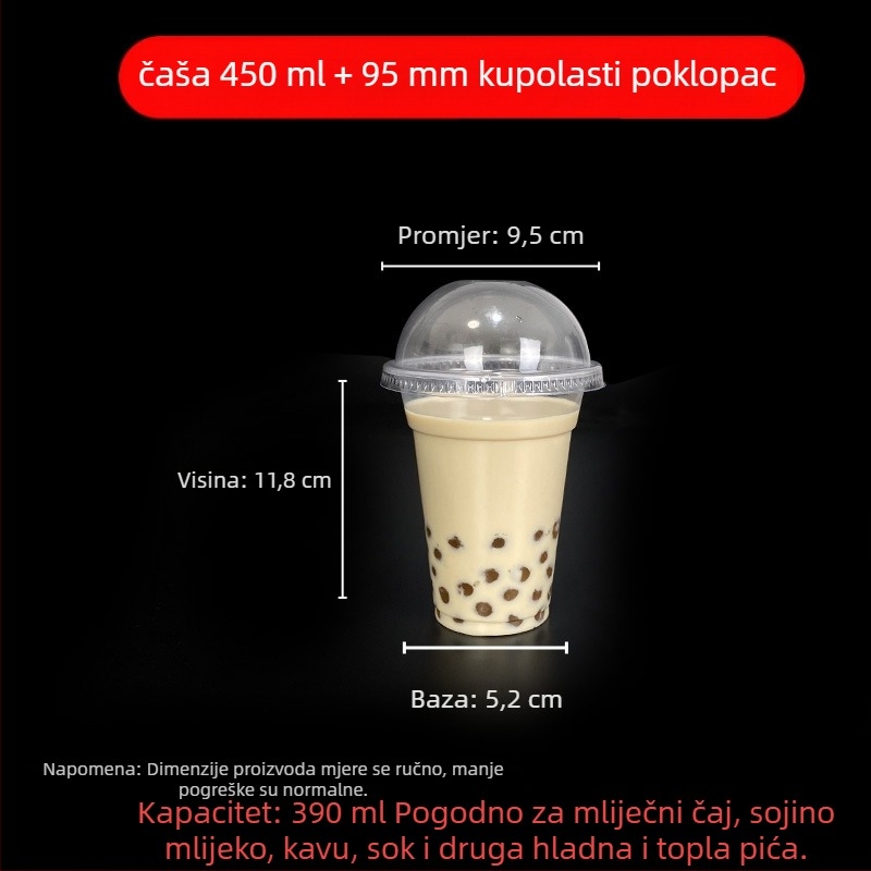 Jednokratna čaša za milk tea s poklopcem, proziran plast, promjer 95 mm, kapacitet 600 ml