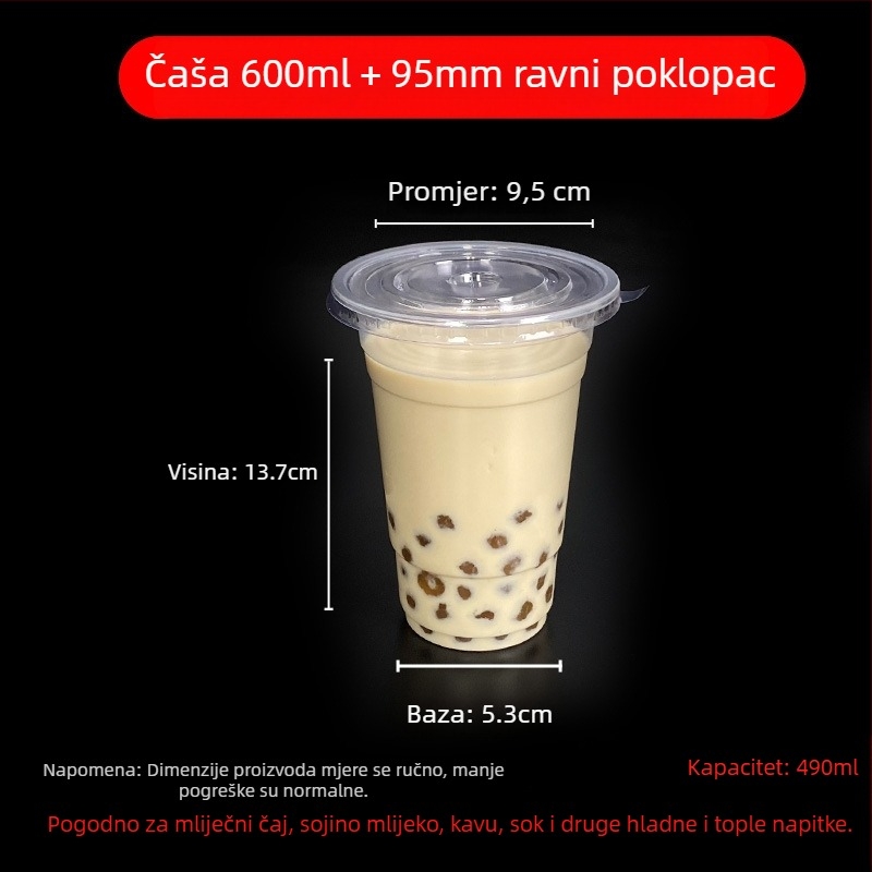 Jednokratna čaša za milk tea s poklopcem, proziran plast, promjer 95 mm, kapacitet 600 ml