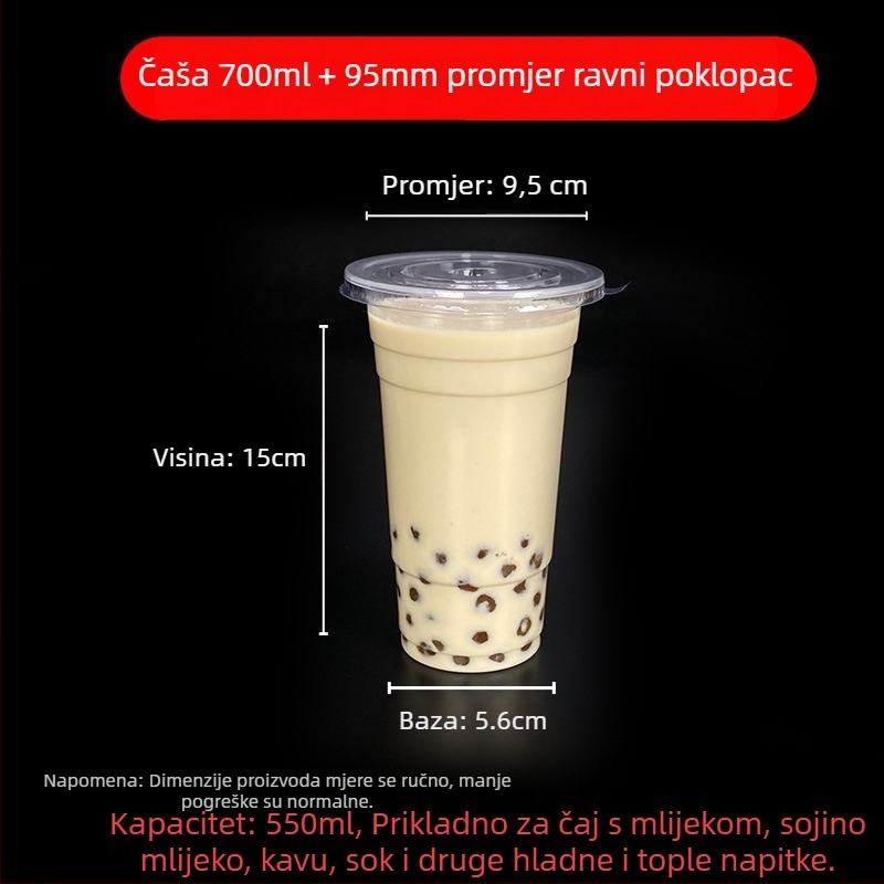 Jednokratna čaša za milk tea s poklopcem, proziran plast, promjer 95 mm, kapacitet 600 ml