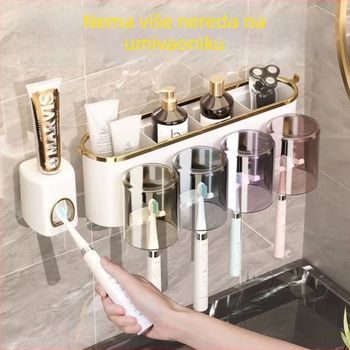 Zidni držač četkica i čaše s dozom paste za zube – bez bušenja, s vakuumskim pričvršćivanjem