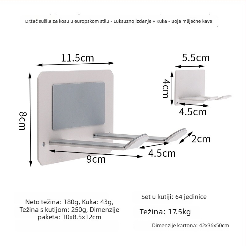 Zidni držač za sušilo za kosu, bez bušenja, od nehrđajućeg čelika, mat crna, kupaonica, moderni minimalistički stil