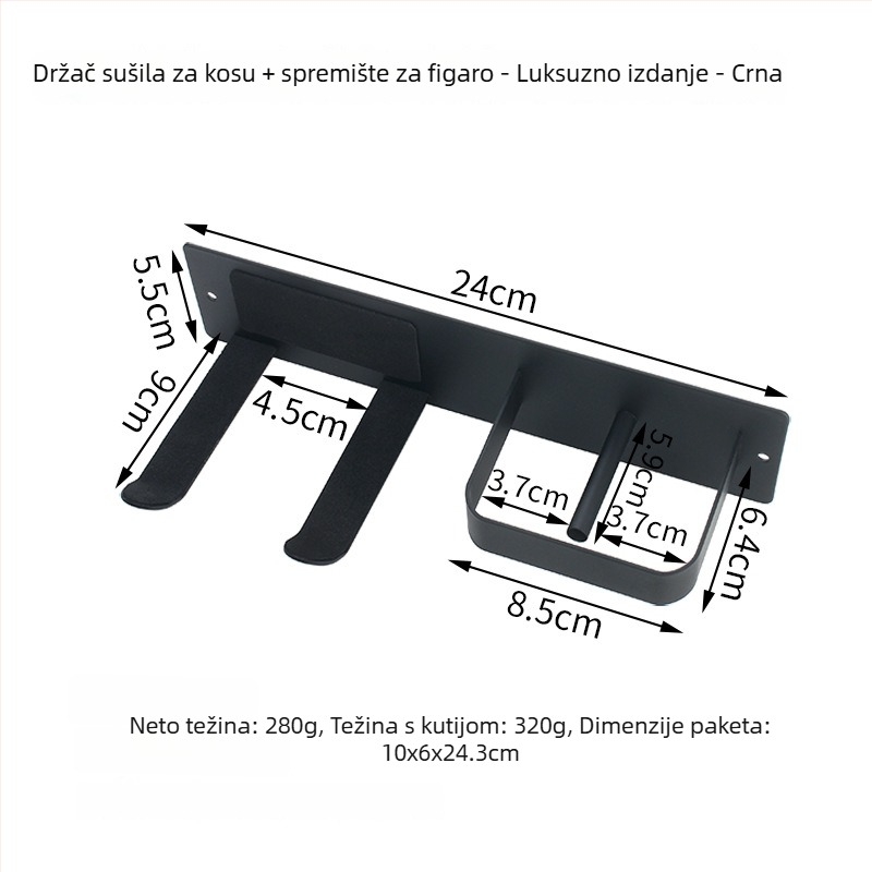 Zidni držač za sušilo za kosu, bez bušenja, od nehrđajućeg čelika, mat crna, kupaonica, moderni minimalistički stil