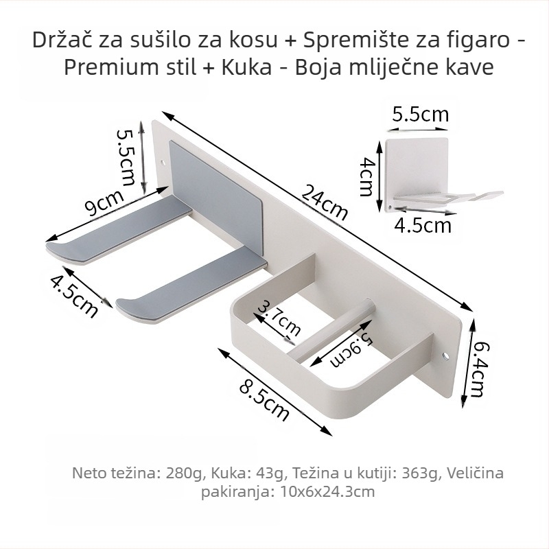 Zidni držač za sušilo za kosu, bez bušenja, od nehrđajućeg čelika, mat crna, kupaonica, moderni minimalistički stil