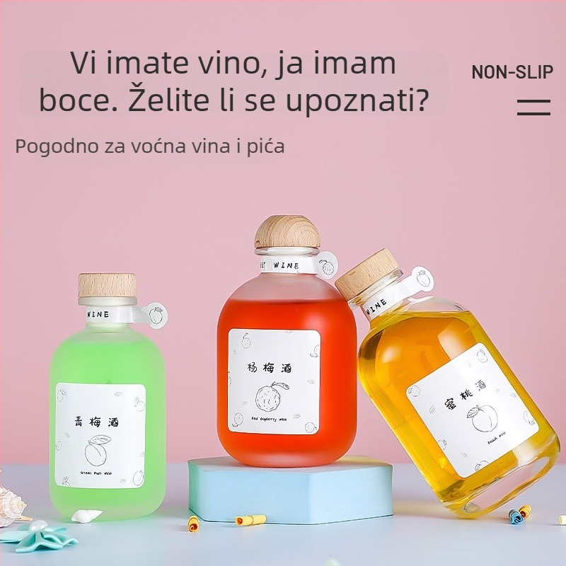 Staklena boca za sigurno skladištenje pića, prozirna ili mat završna, za kućnu proizvodnju voćnog vina i alkoholnih pića, s drvenom čepom.