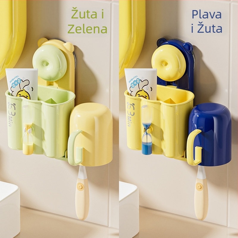 Držač za četkice za zube s usisnim čašom za zid, bez bušenja, s čašom za ispiranje s klepsidrom, kupaonica, za djecu