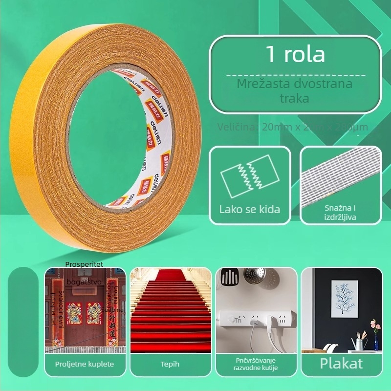 Deli dvostruka traka s tkaninskom osnovom, visoka viskoznost, ne ostavlja tragove, diskretan zalijep, snažna prianjanja, model 30802, duljina 20 m, širina 30 mm, debljina 280 μm