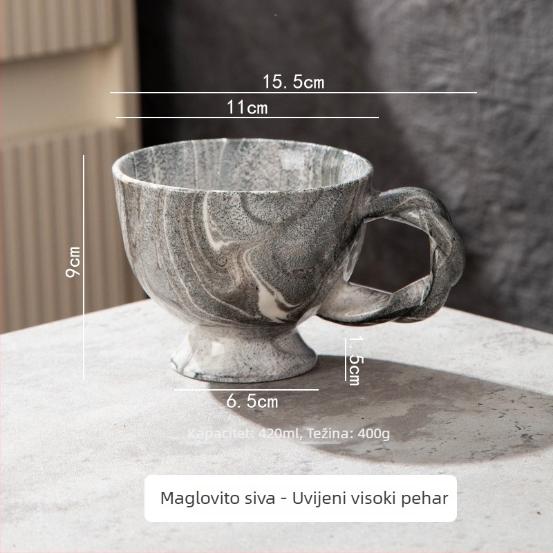 Set šalice za kavu i podmetač s mramornim uzorkom, veliki kapacitet, uvijena ručka, šalica za latte art
