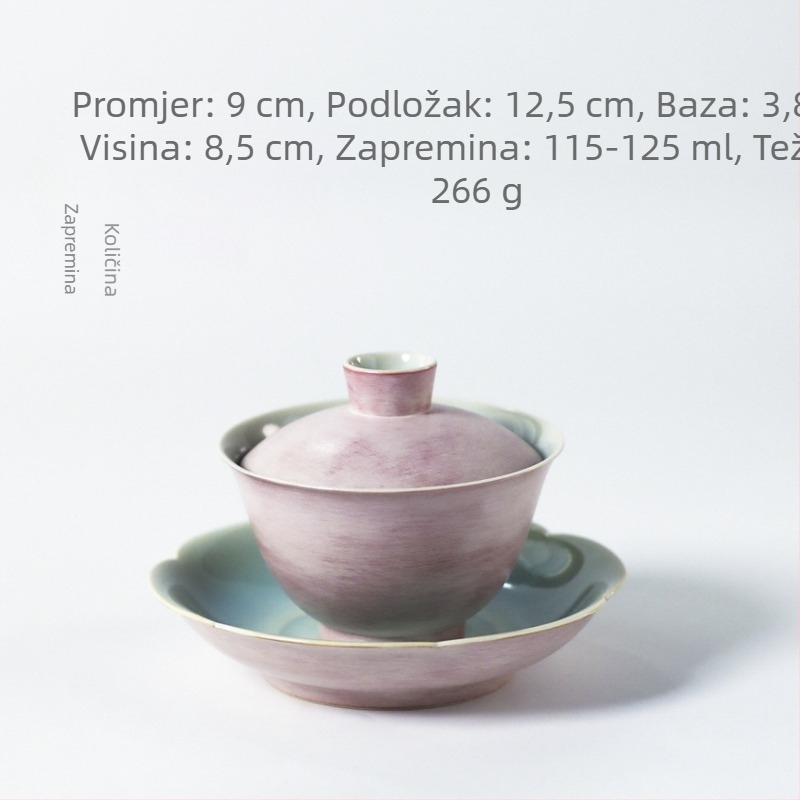 Prva ljubav – svijetlo ružičasti gaiwan čajni set, ručna izrada, glazura visoke temperature s ledenim pukotinama, 120 ml