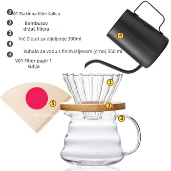 Set kave od borosilikatnog stakla otporan na toplinu s V60 staklenim filter šalicama