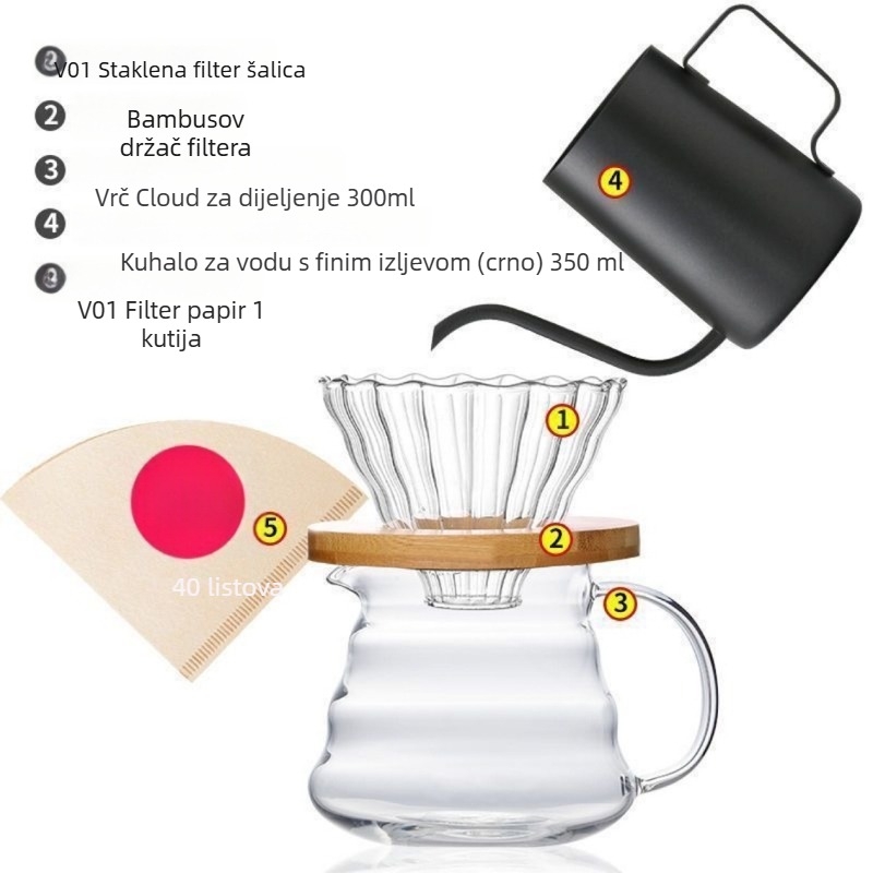 Set kave od borosilikatnog stakla otporan na toplinu s V60 staklenim filter šalicama